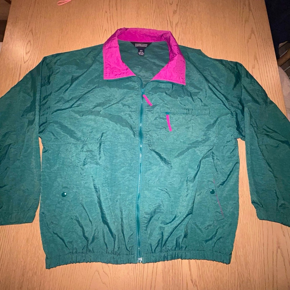 Vtg 90s Lands End Nylon Windbreaker Jacket Mens L 42-44 Teal Pink Colorblock